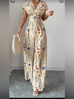 SHEIN Cream Floral Boot Cut Jumpsuit with Blue & Orange Flowers